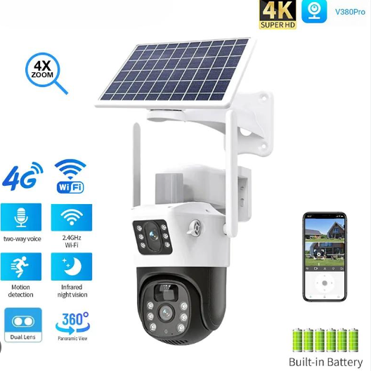 Dual Lens Solar Powered PTZ Outdoor CCTV Camera | 360° View | Color Night Vision | Motion Detection | Two Way Audio | 4G SIM-Based Camera with Mobile App V380 Pro (New Dual Lens Solar)